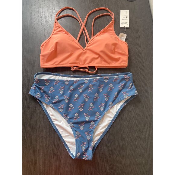 Cupshe Women’s 2 Piece Bikini Large Peach Top Floral High Waist Cross Back - Picture 1 of 5